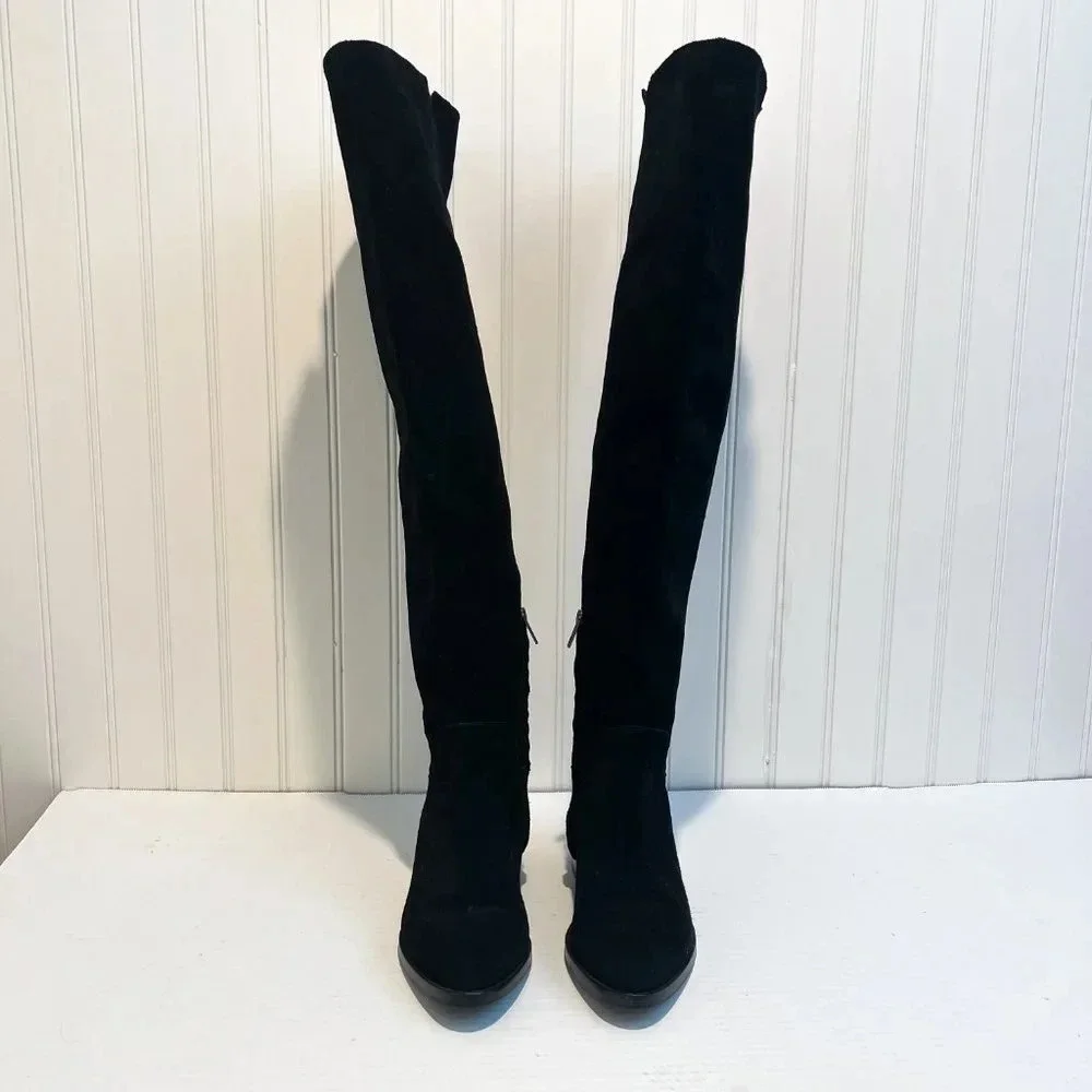 ASH Jess Black Suede Knee-High Tall Classic Designer Low Heel Boots 37